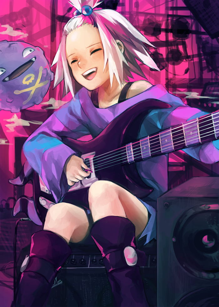1girl bass_guitar blue_eyes bra_strap closed_eyes dress electric_guitar forehead guitar hair_ornament happy instrument koffing music open_mouth pokemon pokemon_(creature) pokemon_(game) pokemon_bw2 roxie_(pokemon) rui_(kyaptan) singing smile speaker strapless strapless_dress striped striped_dress topknot white_hair