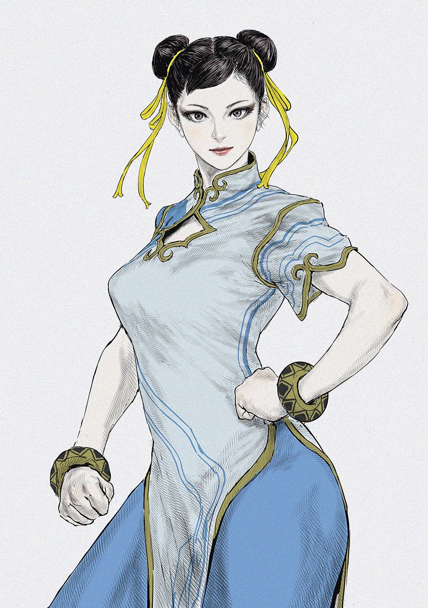 1girl black_eyes black_hair blue_legwear china_dress chinese_clothes chun-li cleavage_cutout clothing_cutout cowboy_shot double_bun dress eyeshadow hair_bun hair_ribbon highres looking_at_viewer makeup ribbon short_sleeves simple_background solo street_fighter street_fighter_6 tobita_nikiichi white_background yellow_ribbon