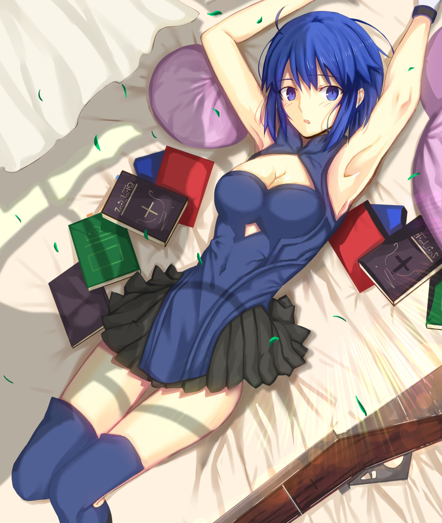 1girl :o alternate_costume armpits arms_up bible black_skirt blue_dress blue_eyes blue_hair blue_legwear blush book breasts ciel_(tsukihime) clothing_cutout commentary_request cross curtains dress eyebrows_visible_through_hair gloves gun iro_(sekaixiro) looking_at_viewer lying medium_breasts miniskirt official_alternate_costume on_bed pillow pleated_skirt powered_ciel shadow short_hair skirt sleeveless sleeveless_dress solo sunlight thigh-highs tsukihime tsukihime_(remake) weapon white_gloves