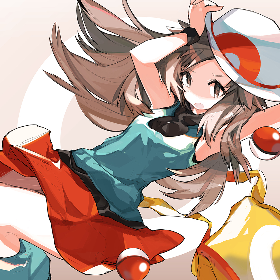 1girl arms_up bag brown_eyes brown_hair english_commentary hat leaf_(pokemon) lillin long_hair looking_at_viewer open_mouth poke_ball pokemon pokemon_(game) pokemon_frlg red_skirt shirt simple_background skirt sleeveless sleeveless_shirt solo two-tone_background white_headwear