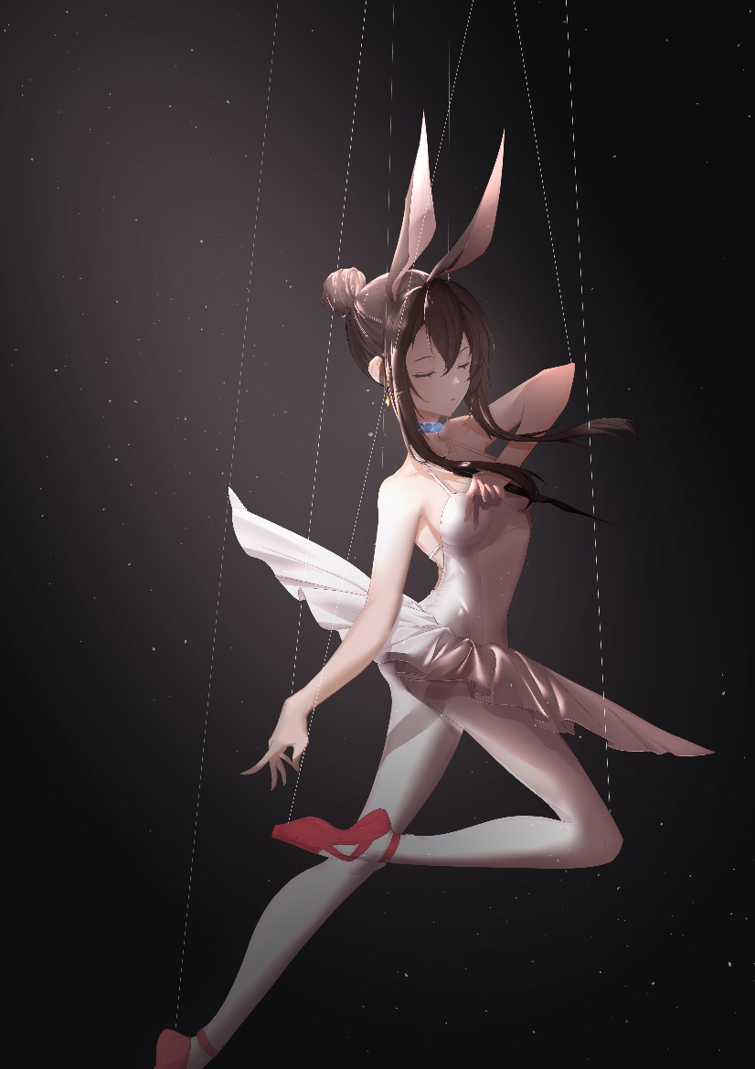 1girl :o alternate_costume alternate_hairstyle amiya_(arknights) animal_ears arknights arm_up ballerina bare_arms bare_shoulders black_background breasts closed_eyes dress eyebrows_visible_through_hair gradient gradient_background hair_bun leg_up light_particles medium_breasts midair pantyhose parted_lips puppet_strings rabbit_ears red_footwear sidelocks sleeveless sleeveless_dress solo suspension white_dress white_legwear yeyi_(ukpw7828)