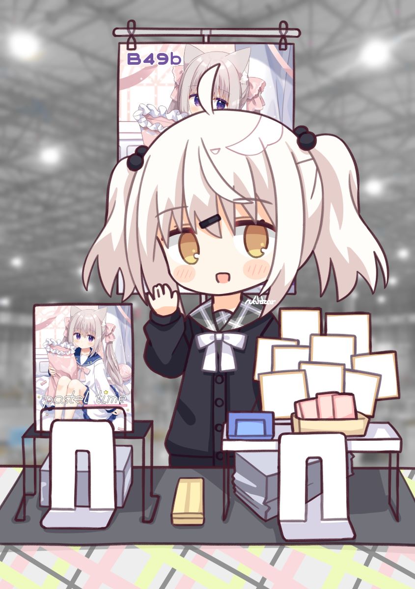 1girl :d ahoge artist_self-reference bangs black_cardigan blurry blurry_background blush_stickers bow brown_eyes cardigan chibi comiket commentary_request depth_of_field eyebrows_visible_through_hair grey_sailor_collar hair_between_eyes hair_bobbles hair_ornament hairclip hand_up highres long_sleeves nakkar original plaid_sailor_collar puffy_long_sleeves puffy_sleeves sailor_collar signature sleeves_past_wrists smile solo twintails white_bow white_hair