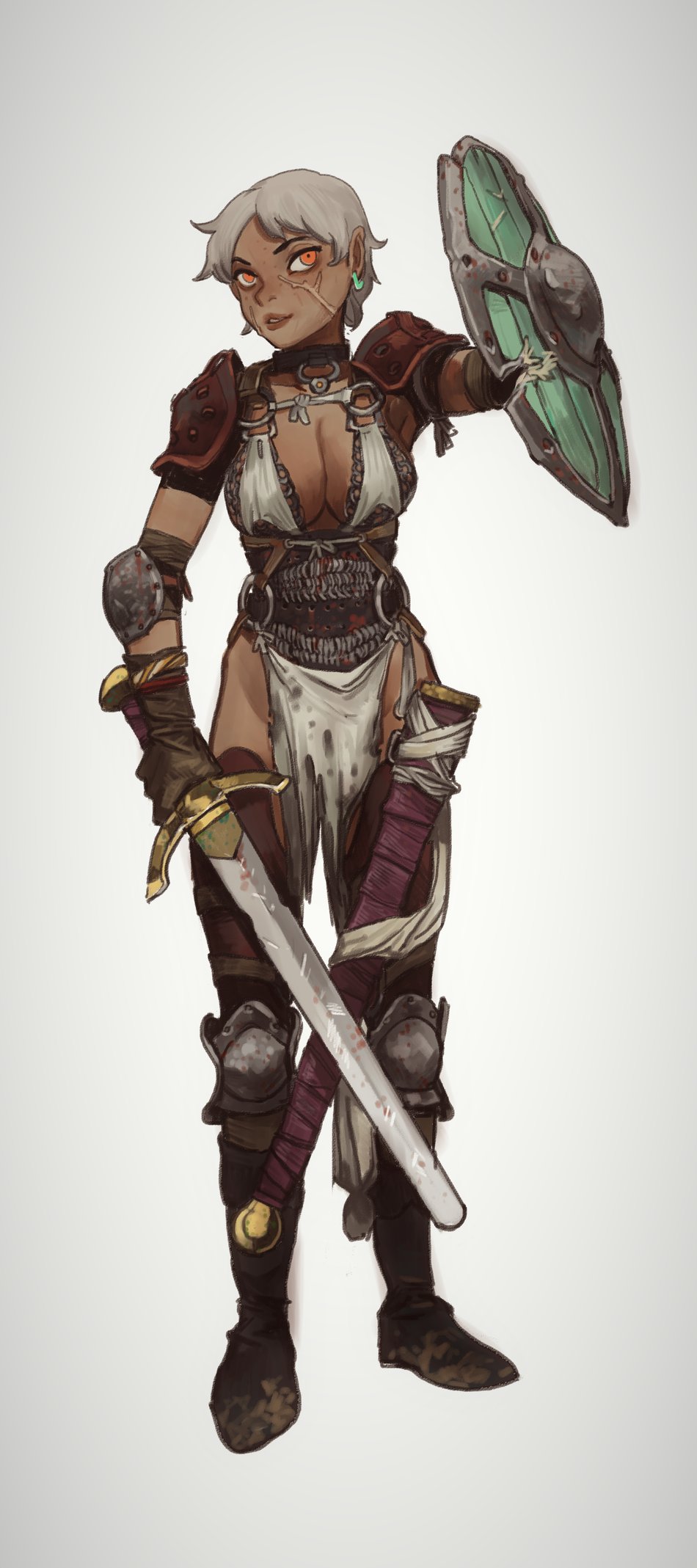 1girl armor black_choker boots borrowed_character breasts chainmail choker dark-skinned_female dark_skin earrings full_body grey_hair highres holding holding_shield holding_sword holding_weapon jewelry knee_pads large_breasts looking_at_viewer mossacannibalis no_panties orange_eyes original parted_lips pauldrons pelvic_curtain ramona_(the_prey) scabbard scar scar_on_face sheath shield short_hair shoulder_armor simple_background smile solo sword torn_clothes weapon white_background