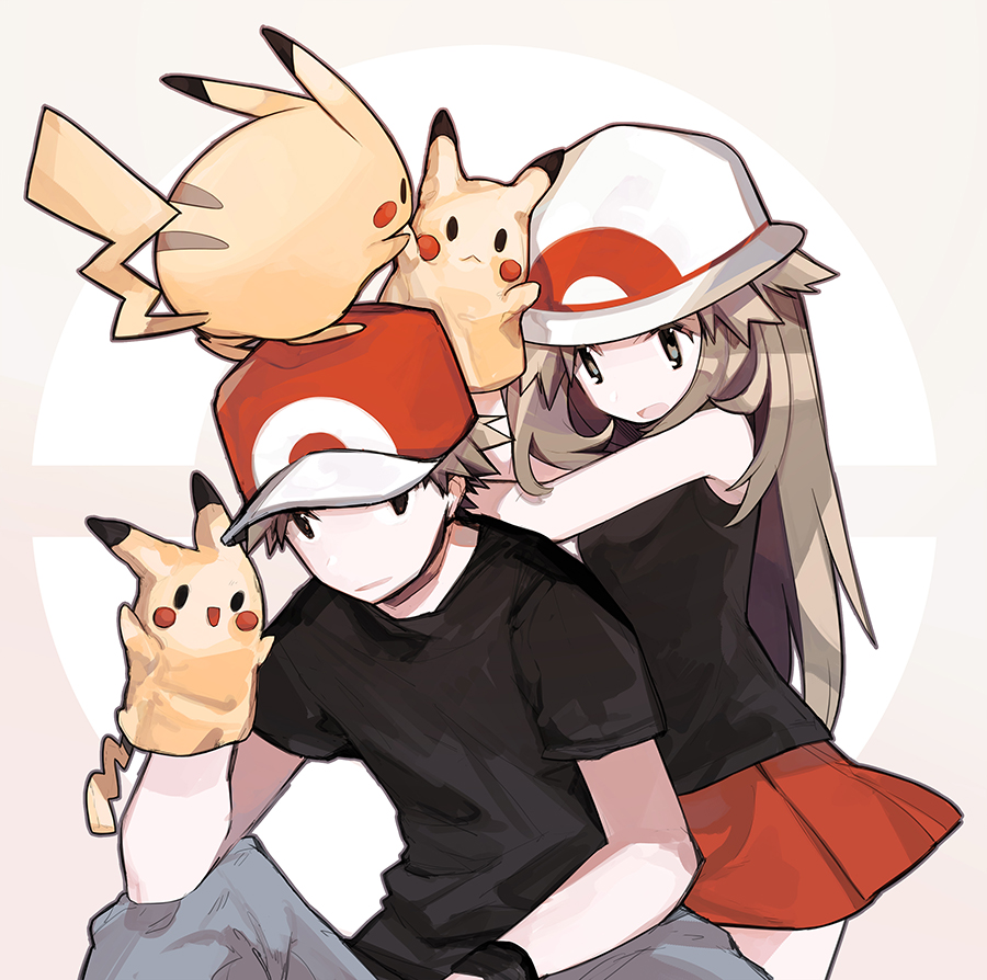 1boy 1girl black_shirt brown_hair grey_pants hand_puppet hat leaf_(pokemon) lillin long_hair on_head open_mouth pants pikachu pokemon pokemon_(creature) pokemon_(game) pokemon_frlg pokemon_on_head puppet red_(pokemon) red_headwear red_skirt shirt short_sleeves simple_background skirt sleeveless symbol-only_commentary white_headwear