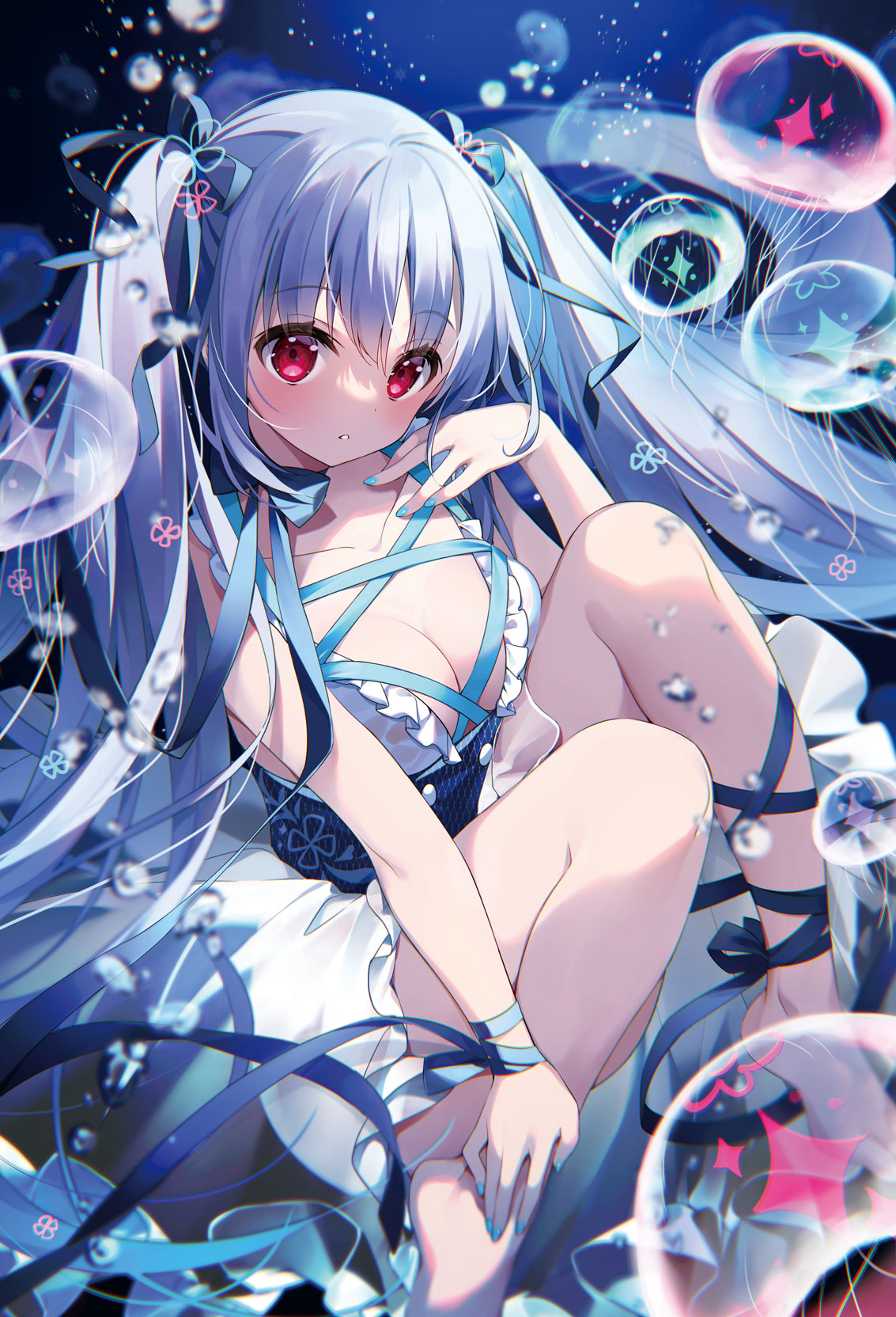 1girl aqua_hair aqua_ribbon bare_legs bare_shoulders barefoot blue_nails blush breasts bubble eyebrows_visible_through_hair full_body hair_ribbon hand_on_own_chest hand_up hands_on_feet highres kagachi_saku large_breasts long_hair looking_at_viewer pink_eyes ribbon solo thighs twintails underwater very_long_hair wrist_ribbon
