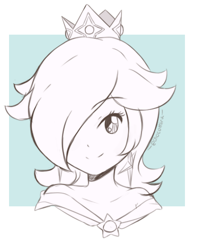1girl artist_name blue_background border chocomiru closed_mouth crown dress earrings eyebrows_visible_through_hair jewelry long_hair looking_at_viewer lowres monochrome rosalina sketch smile solo super_mario_bros. super_mario_galaxy super_mario_galaxy_2 tiara unfinished upper_body