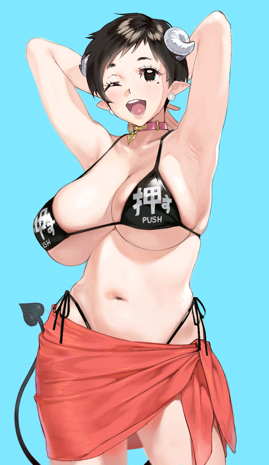 1girl armpits arms_behind_back arms_up bikini black_bikini black_eyes black_hair blue_background blush breasts collar commentary_request conto cowboy_shot curled_horns earrings heart high-waist_bikini highres horns huge_breasts jewelry looking_at_viewer mole mole_under_eye navel one_eye_closed open_mouth original pink_collar pointy_ears short_hair side-tie_bikini simple_background skindentation solo standing stomach swimsuit tail towel_around_waist