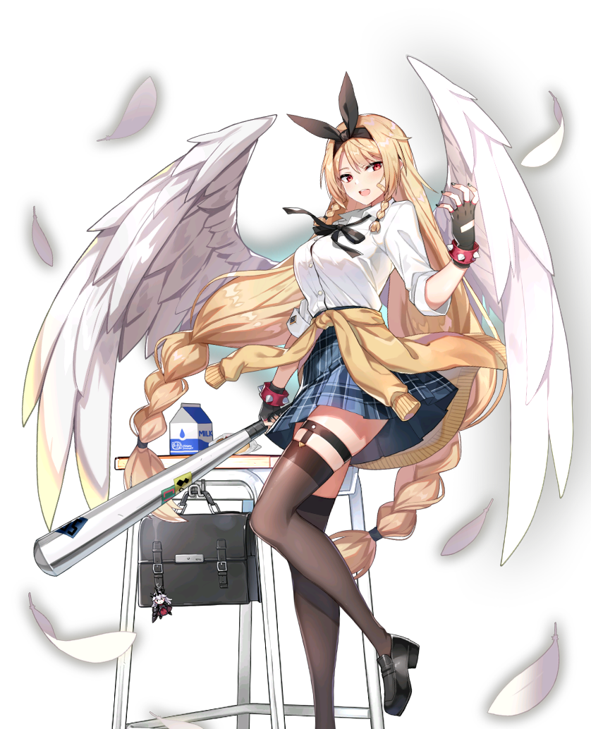 1girl arm_at_side artist_request bag bangs baseball_bat black_gloves black_hairband black_legwear black_ribbon blonde_hair bow_hairband bracelet braid breasts brown_legwear buttons clothes_around_waist collared_shirt desk epic_seven feathered_wings feathers fingerless_gloves foot_out_of_frame garters gloves hairband hand_up holding holding_baseball_bat jewelry large_breasts loafers long_hair looking_at_viewer milk_carton neck_ribbon official_art open_mouth plaid plaid_skirt pleated_skirt red_eyes ribbon rose_(epic_seven) school_bag school_desk school_uniform shirt shirt_tucked_in shoes sidelocks skirt sleeves_rolled_up solo spiked_bracelet spikes sweater sweater_around_waist thigh-highs third-party_source transparent_background twintails very_long_hair white_feathers white_shirt white_wings wings