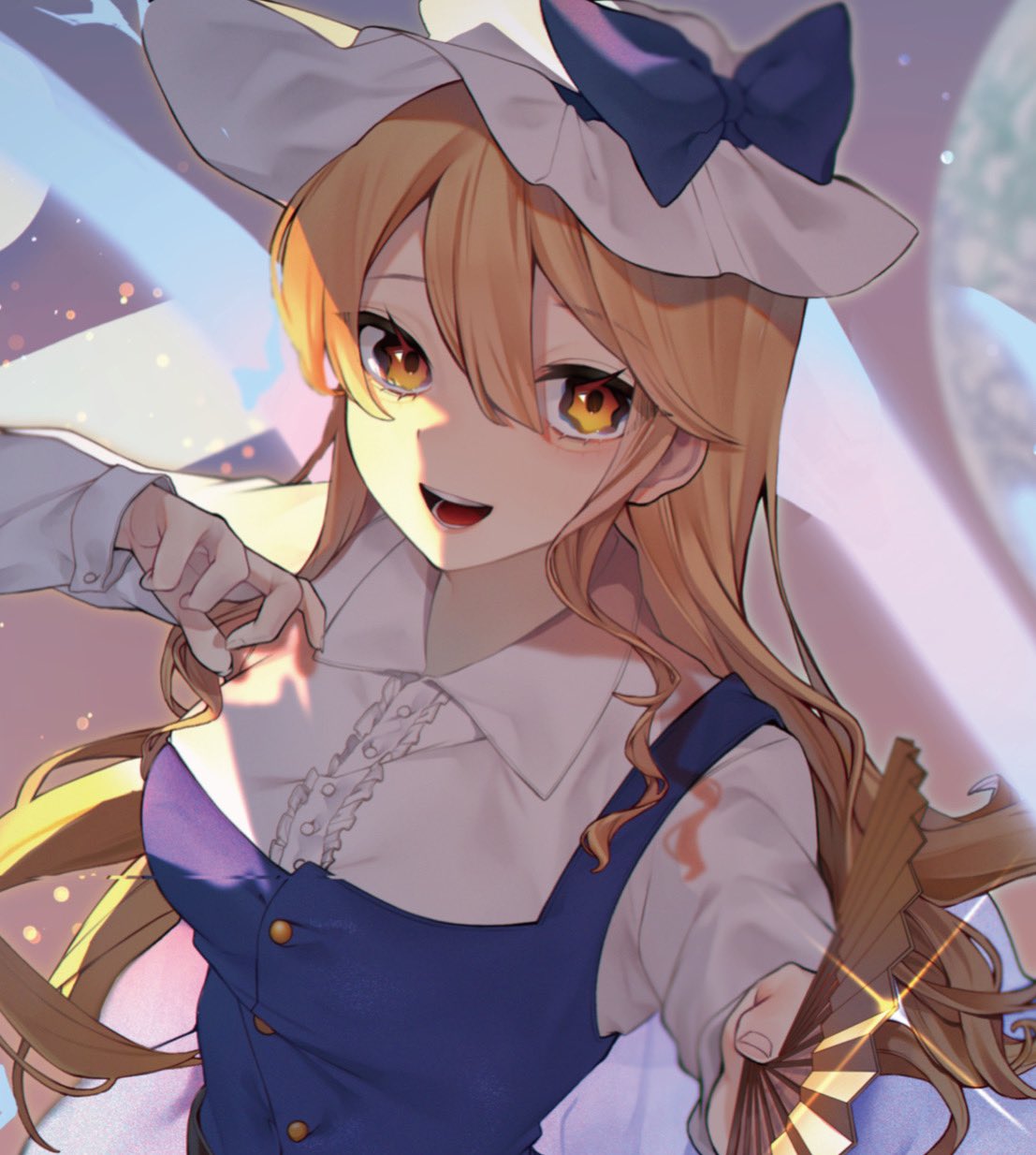 1girl :d blonde_hair bow breasts hair_between_eyes hat hat_bow highres kappa_mame long_hair long_sleeves looking_at_viewer open_mouth smile solo touhou upper_body very_long_hair watatsuki_no_toyohime white_bow witch_hat yellow_eyes