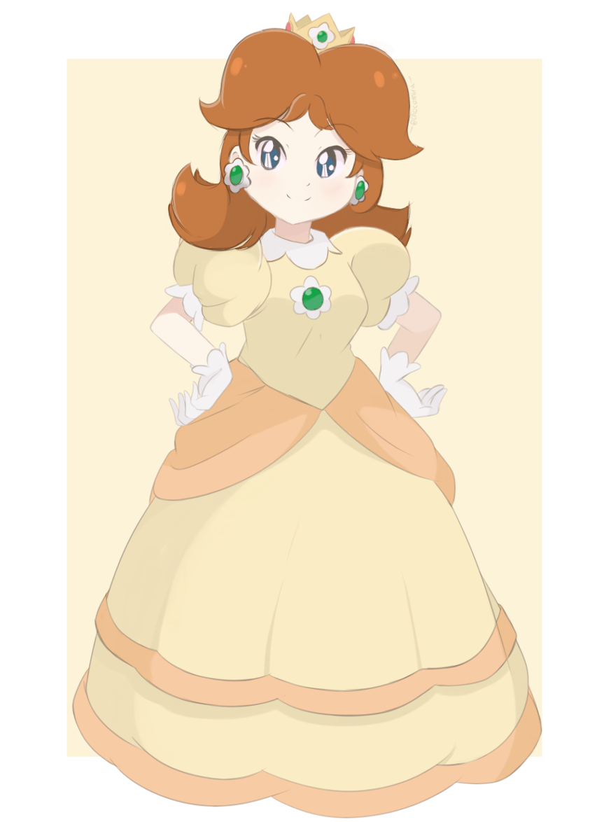 1girl artist_name blue_eyes brooch chocomiru closed_mouth crown dress earrings eyebrows_visible_through_hair full_body gloves jewelry long_dress looking_at_viewer medium_hair princess_daisy smile solo super_mario_bros. super_smash_bros. tiara yellow_dress