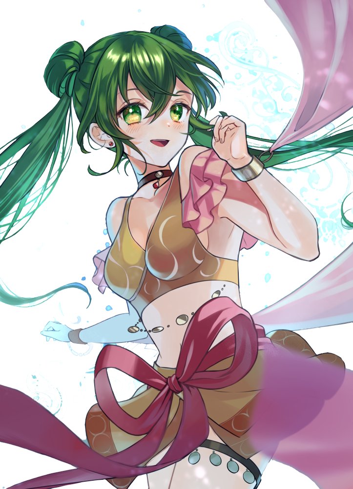 armpits bangs bare_shoulders bracelet breasts choker commentary dancer dancing earrings fire_emblem fire_emblem:_genealogy_of_the_holy_war green_eyes green_hair jewelry looking_at_viewer medium_breasts open_mouth silvia_(fire_emblem) twintails upper_body youheiogm