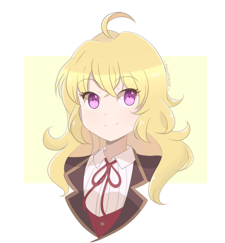 1girl ahoge artist_name bangs blonde_hair border bow chocomiru closed_mouth curly_hair eyebrows_visible_through_hair looking_at_viewer ribbon rwby school_uniform smile solo upper_body violet_eyes yang_xiao_long yellow_background