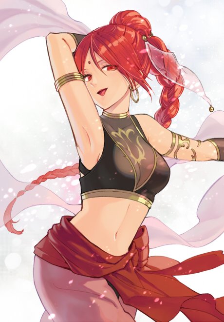 armpits bangle bangs bare_shoulders bracelet braid braided_ponytail breasts dancer dancing fire_emblem fire_emblem:_the_sacred_stones jewelry large_breasts looking_at_viewer midriff navel open_mouth pantyhose red_eyes redhead tethys_(fire_emblem) upper_body youheiogm