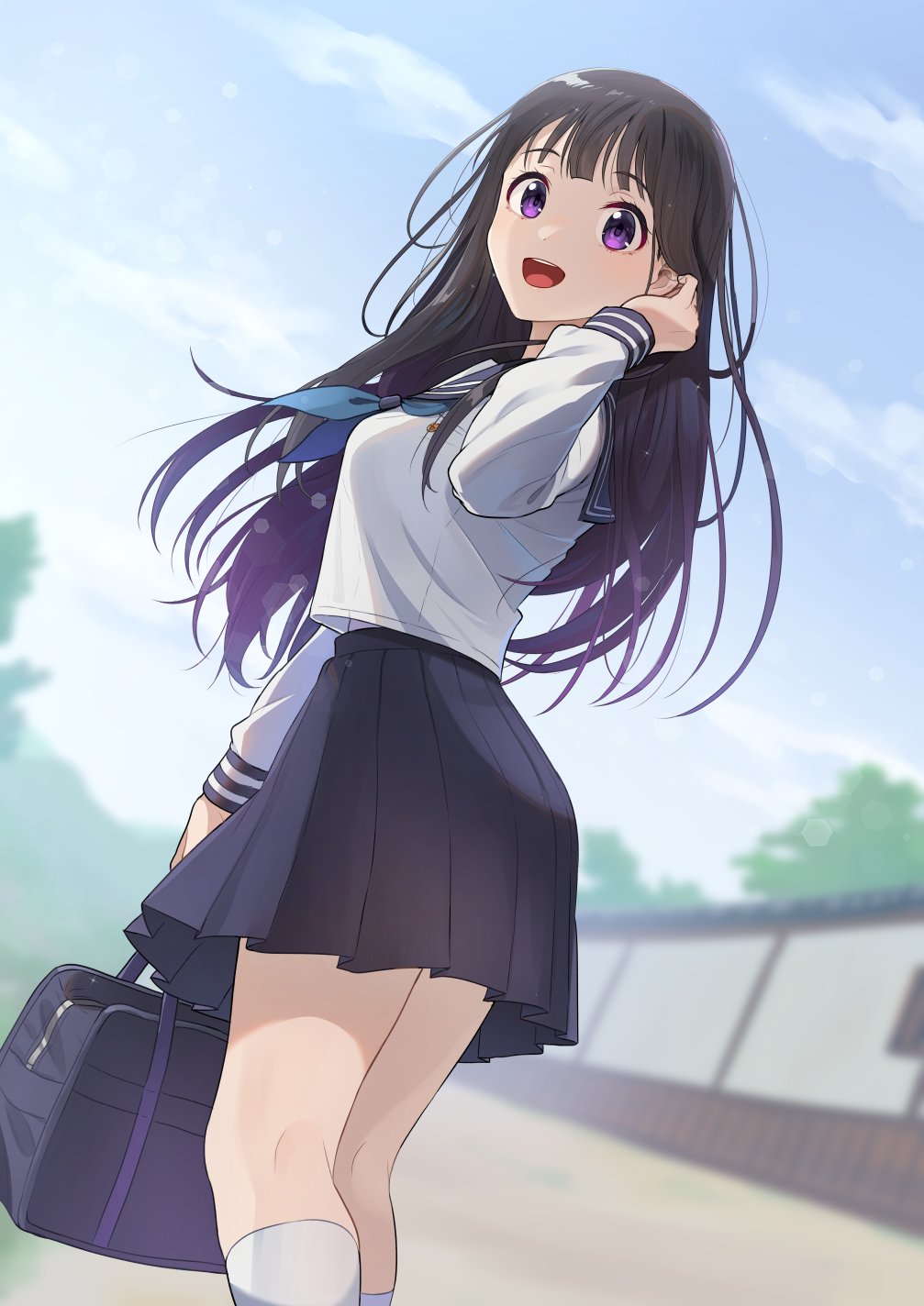 adjusting_hair bag bangs black_hair black_sailor_collar black_skirt blue_neckerchief blue_sky breasts chitanda_eru clouds commentary_request eyebrows_visible_through_hair hand_up highres holding holding_bag hyouka kamille_(vcx68) kneehighs long_hair long_sleeves looking_at_viewer medium_breasts neckerchief open_mouth outdoors pleated_skirt sailor_collar school_uniform serafuku shirt skirt sky smile solo thighs violet_eyes white_legwear white_shirt
