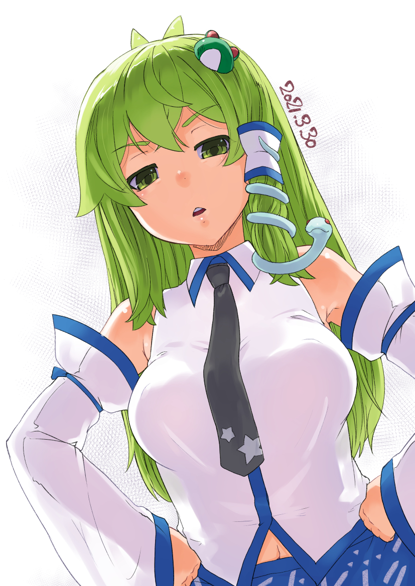 1girl armpits bangs black_necktie blue_ribbon breasts collared_shirt dated detached_sleeves eyebrows_visible_through_hair frog_hair_ornament from_below green_eyes green_hair hair_ornament hair_tubes hands_on_hips japanese_clothes kei_jiei kochiya_sanae large_breasts long_hair looking_at_viewer miko navel necktie open_mouth ribbon shirt simple_background sleeveless snake_hair_ornament solo star_(symbol) teeth touhou upper_teeth white_background white_shirt