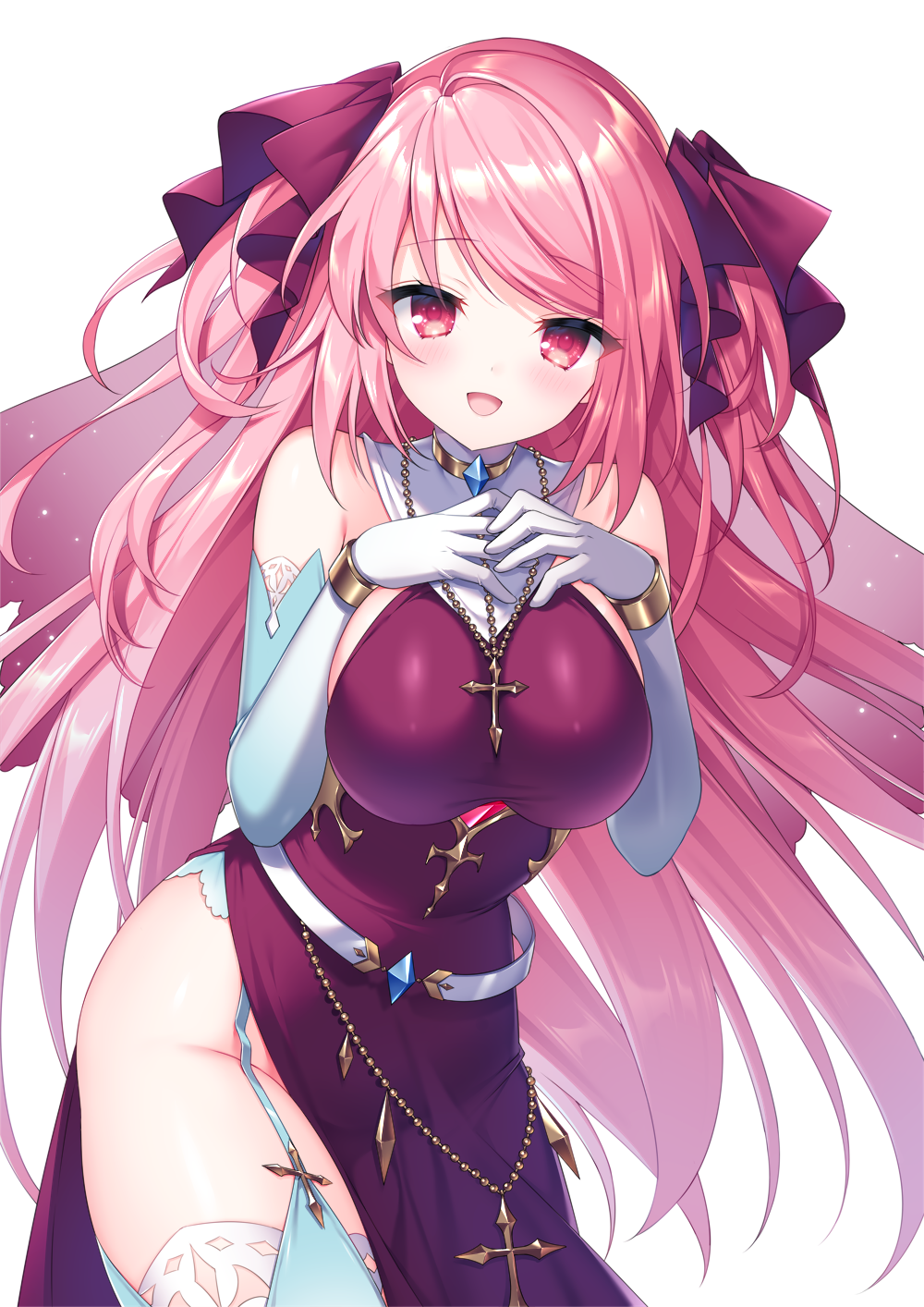 1girl bare_shoulders belt bow breasts commission cowboy_shot cross cross_necklace dress elbow_gloves garter_straps gloves hair_bow highres jewelry large_breasts long_hair looking_at_viewer necklace open_mouth pink_eyes pink_hair purple_dress red_bow sakura_neko side_slit simple_background smile solo thigh-highs very_long_hair white_background white_belt white_gloves white_legwear