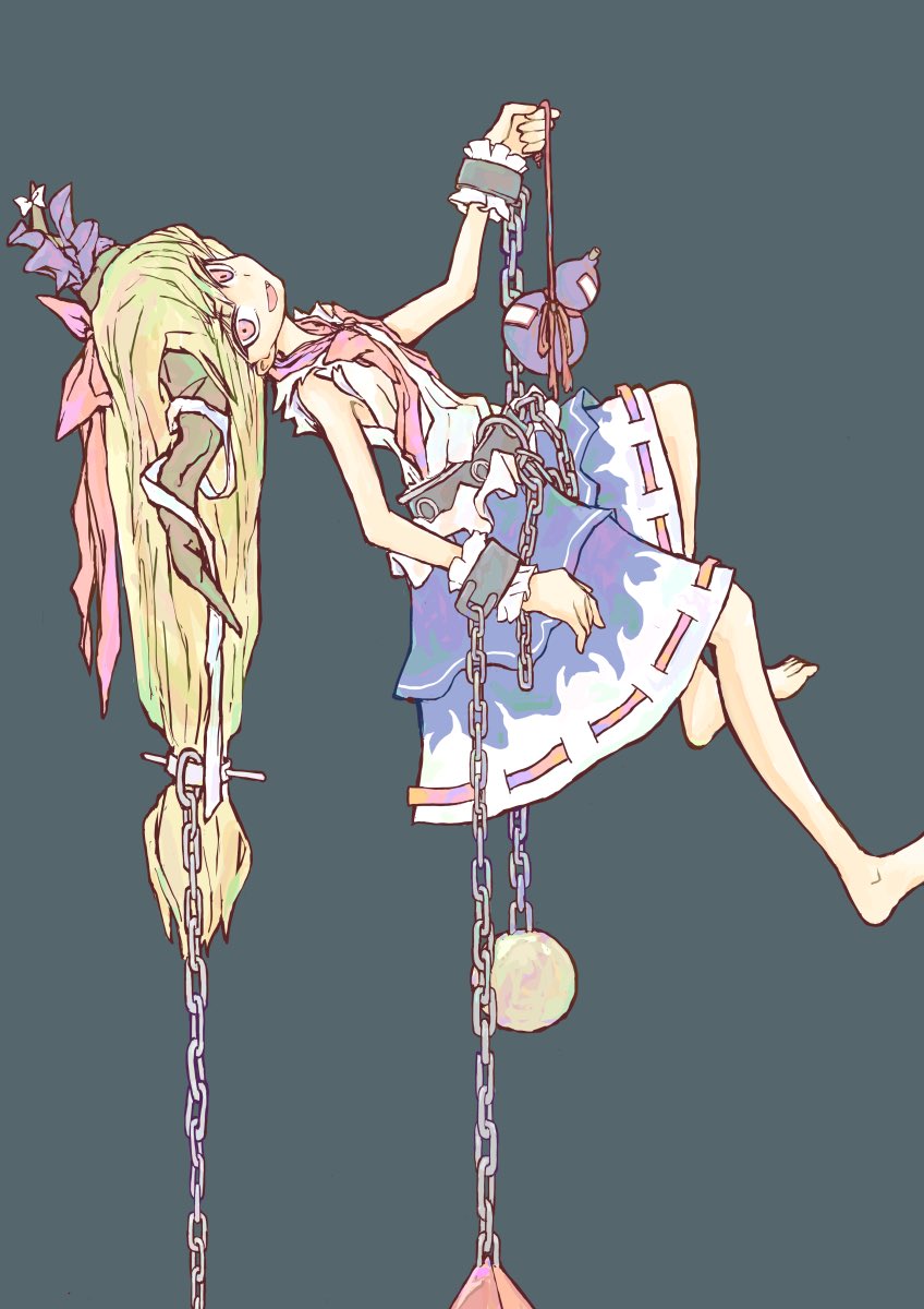 1girl :d barefoot blonde_hair blue_skirt bow chain commentary eyebrows_visible_through_hair fang gourd hair_bow hair_ribbon head_tilt highres horn_bow horn_ornament horns ibuki_suika long_hair looking_at_viewer multicolored_clothes multicolored_skirt neck_ribbon ofuda oni oni_horns red_ribbon ribbon ribbon-trimmed_skirt ribbon_trim shirt skirt smile solo torn_clothes torn_sleeves touhou white_bow white_shirt white_skirt wrist_cuffs yamasina009