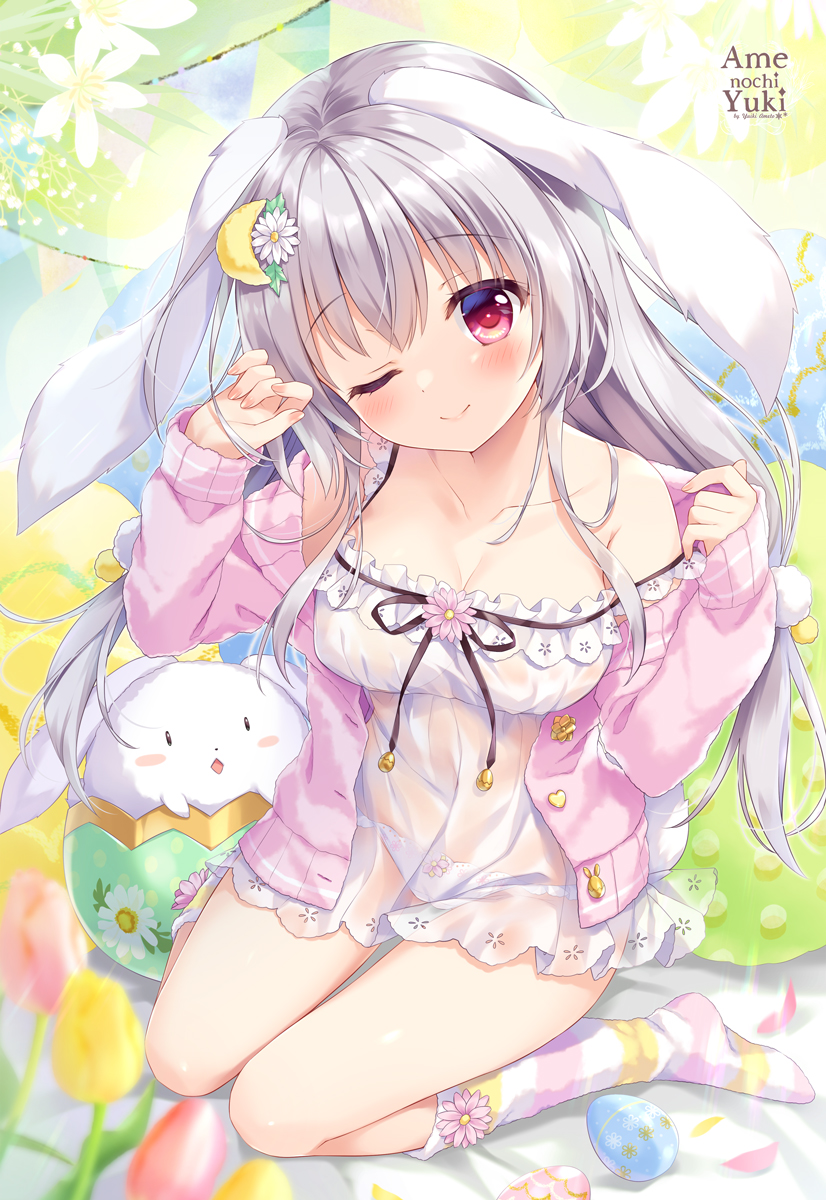1girl ;) ameto_yuki animal animal_ears artist_name bangs blurry blurry_foreground blush closed_mouth commentary_request crescent crescent_hair_ornament depth_of_field dress easter_egg egg eyebrows_visible_through_hair flower grey_hair hair_between_eyes hair_flower hair_ornament head_tilt highres jacket long_hair no_shoes off_shoulder one_eye_closed open_clothes open_jacket original panties pink_flower pink_jacket rabbit rabbit_ears rabbit_girl rabbit_tail red_eyes see-through smile socks solo strap_slip striped striped_legwear tail tulip underwear very_long_hair white_dress white_flower white_panties yellow_flower