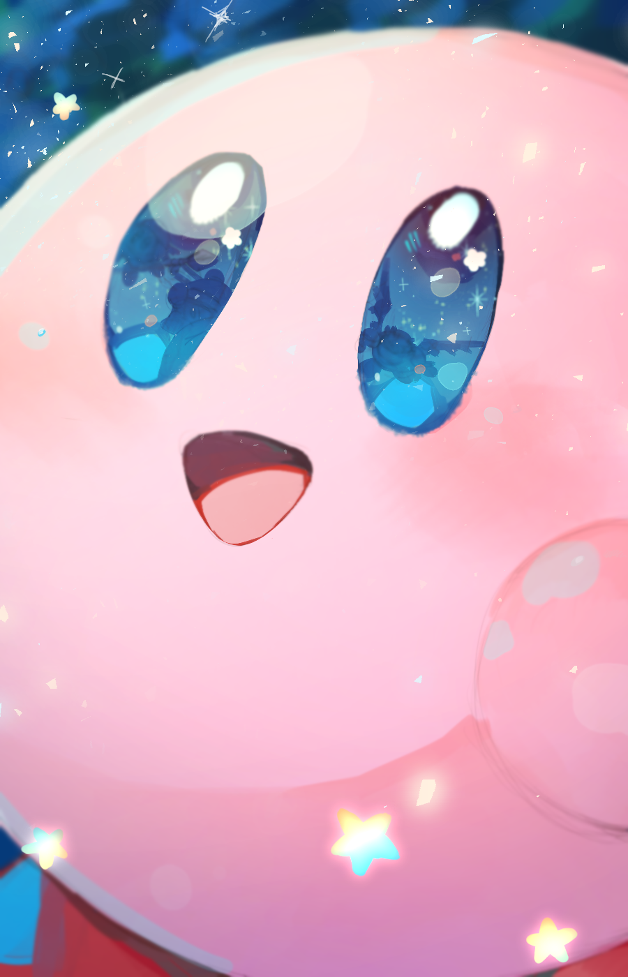 blue_eyes character_request chikichi close-up colored_skin highres kirby kirby's_dream_land kirby_(series) meta_knight no_humans open_mouth pink_skin reflection smile star_(symbol) tongue