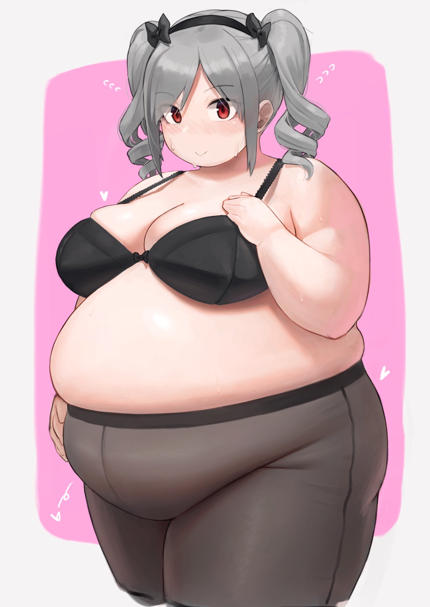 1girl bangs bare_shoulders big_belly black_bra black_headwear blush bra breasts closed_mouth commentary_request cowboy_shot cropped_legs drill_hair eyebrows_visible_through_hair eyes_visible_through_hair fat grey_hair hair_between_eyes hair_over_shoulder hairband heart highres idolmaster idolmaster_cinderella_girls kanzaki_ranko large_breasts long_hair looking_at_viewer no_nose oruka_(kamituki0827) pantyhose pink_background red_eyes simple_background skindentation smile solo sweat translation_request tsurime twin_drills twintails underwear white_background