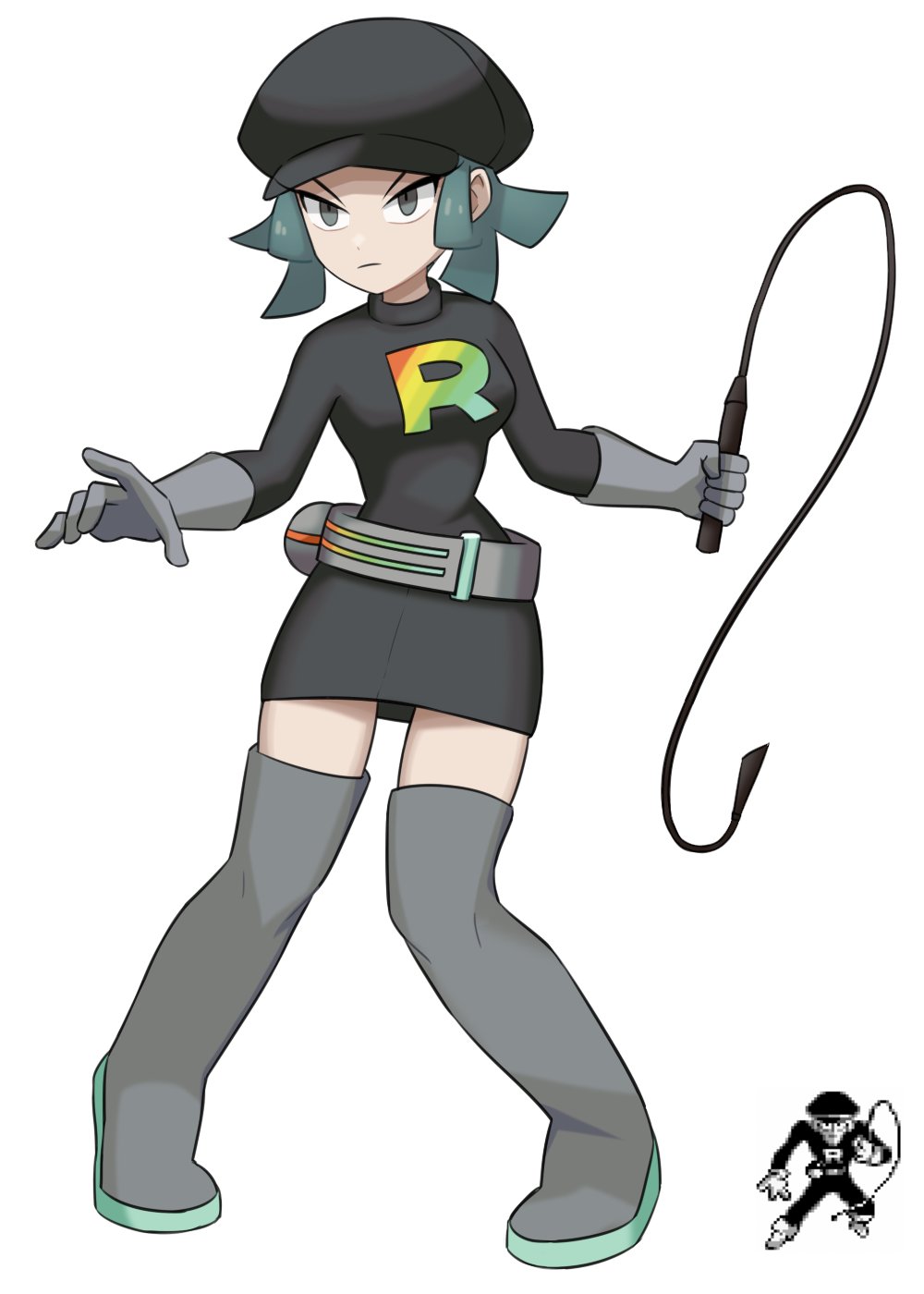 1girl belt black_dress black_headwear boots closed_mouth dress flowers-imh full_body gloves green_hair grey_belt grey_eyes grey_footwear grey_gloves hat highres holding holding_whip logo pigeon-toed pokemon pokemon_(game) pokemon_usum serious standing team_rainbow_rocket team_rainbow_rocket_grunt team_rainbow_rocket_uniform thigh-highs thigh_boots thighs v-shaped_eyebrows whip