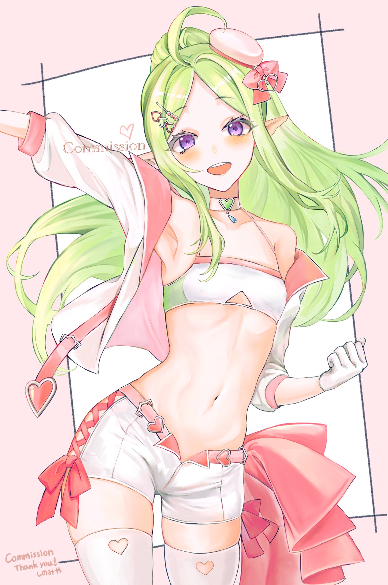 1girl ahoge alternative_costume armpit bangs breasts choker commission fire_emblem fire_emblem_awakening green_hair highres long_hair looking_at_viewer midriff nowi_(fire_emblem) open_mouth osiri_siri_siri ribbons skeb_commission small_breasts upper_body violet_eyes