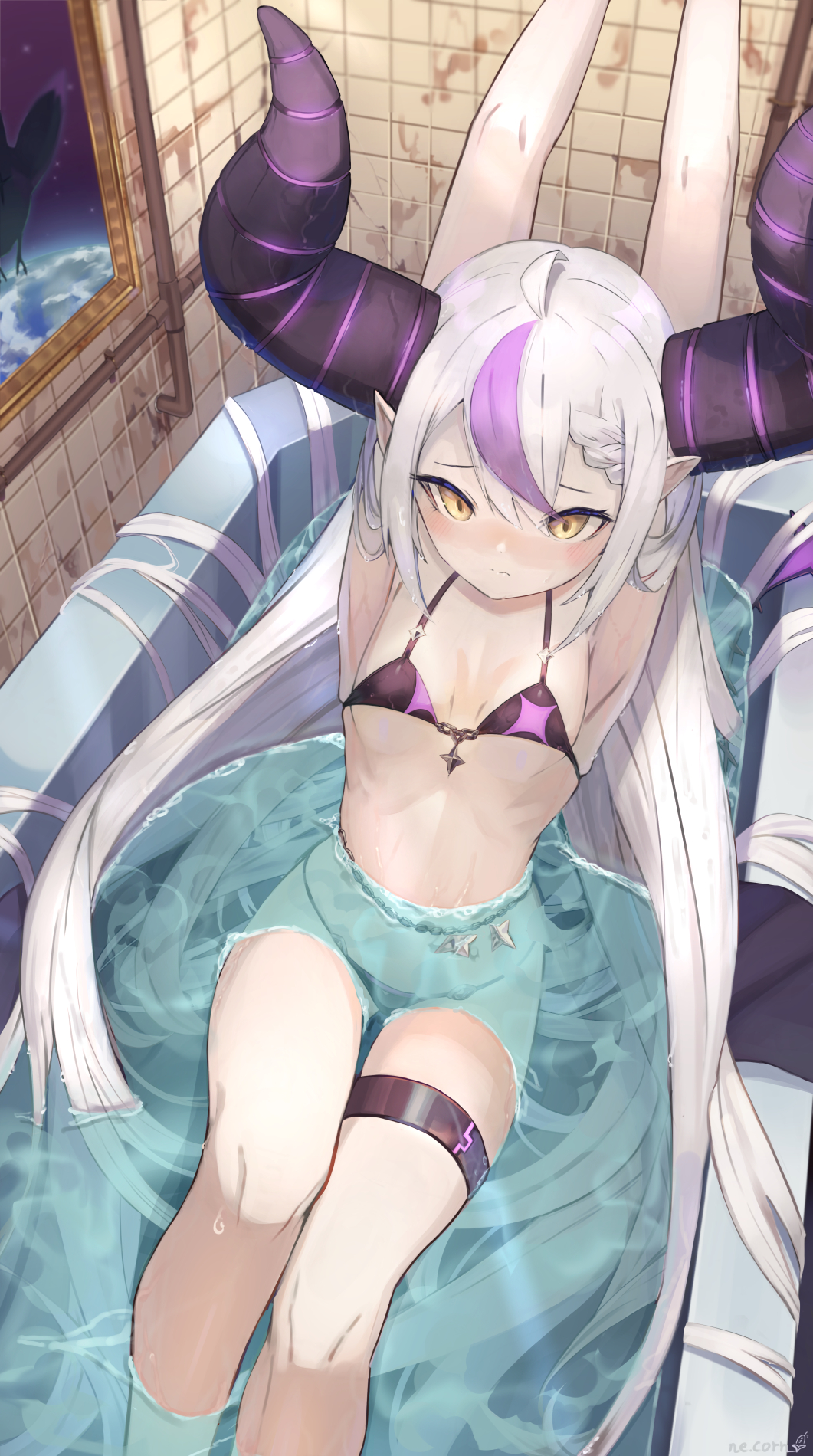 1girl ahoge armpits arms_up bangs bathtub bikini black_bikini blush braid braided_bangs breasts dirty hair_between_eyes highres hololive horns la+_darknesss long_hair looking_at_viewer multicolored_hair ne.corn pointy_ears purple_hair sidelocks silver_hair small_breasts solo streaked_hair stretch swimsuit thighlet tiles twintails very_long_hair virtual_youtuber water