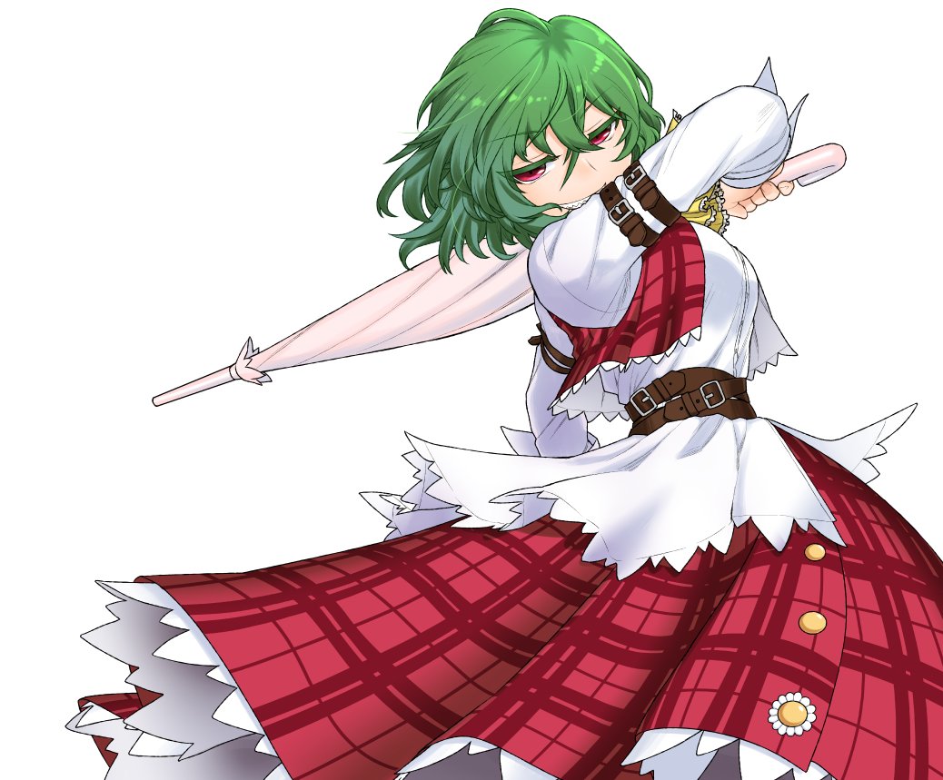 1girl arm_strap ascot belt commentary eyebrows_visible_through_hair flower_button green_hair hair_between_eyes holding holding_umbrella kazami_yuuka kogaku_kazuya long_sleeves looking_at_viewer open_clothes open_vest parasol pink_umbrella plaid plaid_skirt plaid_vest red_eyes red_skirt red_vest sharp_teeth shirt short_hair skirt smile solo teeth touhou umbrella vest white_shirt yellow_ascot