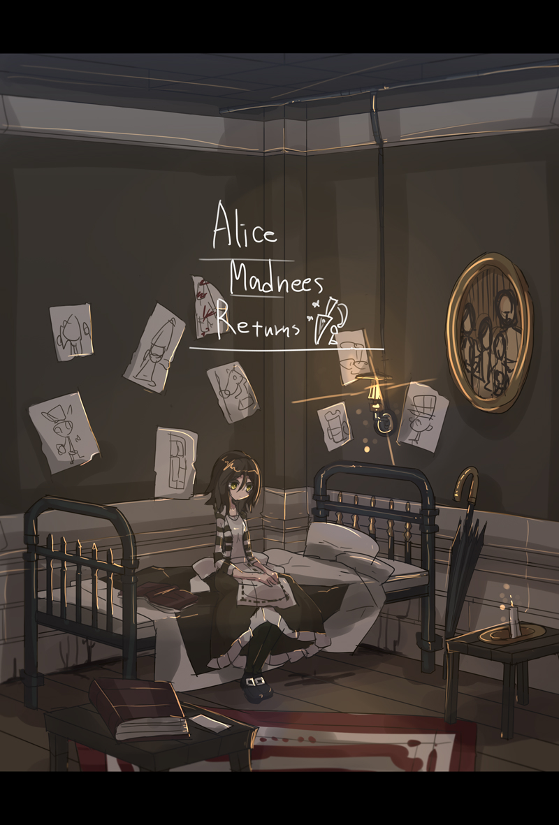 1girl alice:_madness_returns alice_liddell american_mcgee's_alice apron bed black_hair blanket book copyright_name dress enothela pantyhose paper picture_frame pillow short_hair solo striped table
