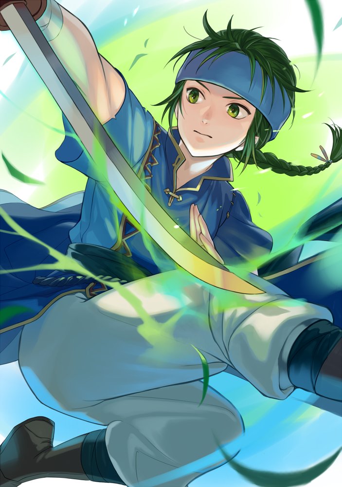 1boy boots collared_shirt fire_emblem fire_emblem:_the_blazing_blade grass green_eyes green_hair guy_(fire_emblem) headband holding holding_sword holding_weapon mongolian_clothes ponytail shirt sword upper_body weapon youheiogm