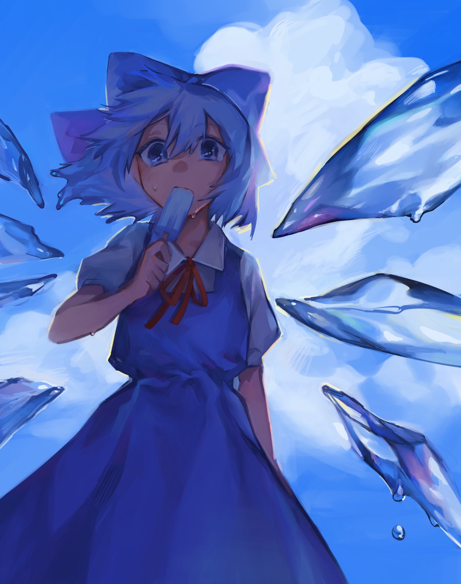 1girl bangs blue_bow blue_dress blue_eyes blue_hair bow cirno clouds collared_shirt dress eyebrows_visible_through_hair food hair_between_eyes hair_bow highres ice_cream looking_at_viewer melting neck_ribbon popsicle_in_mouth puffy_short_sleeves puffy_sleeves red_ribbon ribbon shidaccc shirt short_hair short_sleeves solo sweat touhou water water_drop white_shirt