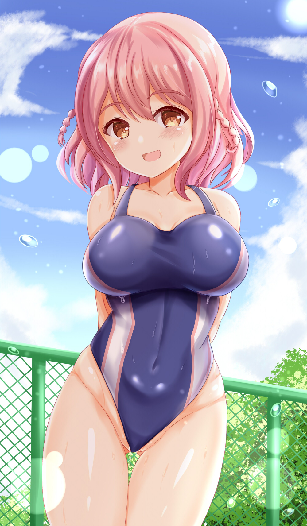 1girl :d arms_behind_back ass_visible_through_thighs bangs bare_shoulders blue_sky blush braid breasts brown_eyes chain-link_fence clouds collarbone commentary_request competition_swimsuit covered_navel day eyebrows_visible_through_hair fence groin hair_between_eyes highres hoshizaki_akari large_breasts looking_at_viewer one-piece_swimsuit ongeki outdoors pink_hair sky smile solo swimsuit thigh_gap twin_braids water_drop wet wet_clothes wet_swimsuit zenon_(for_achieve)