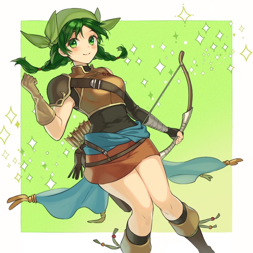 arrow_(projectile) bandana boots bow_(weapon) breasts closed_mouth fire_emblem fire_emblem:_the_blazing_blade green_background green_eyes green_hair holding holding_bow_(weapon) holding_weapon medium_breasts quiver rebecca_(fire_emblem) sparkle_background thighs twin_braids twintails upper_body weapon white_background youheiogm