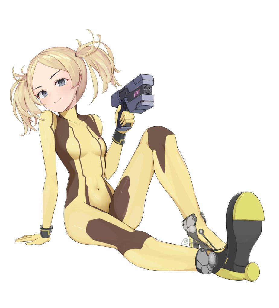 alternate_costume bangs blonde_hair blue_hair breasts closed_mouth commission cosplay fire_emblem fire_emblem_awakening full_body high_heels holding holding_weapon lissa_(fire_emblem) long_hair metroid samus_aran samus_aran_(cosplay) skin_tight small_breasts solo sotomie twintails weapon zero_suit