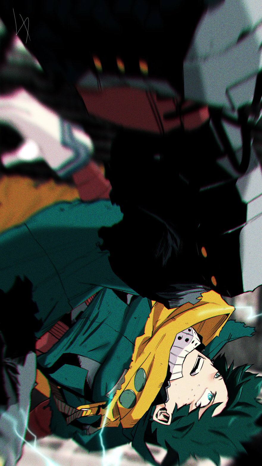 1boy belt black_footwear bodysuit boku_no_hero_academia commentary_request electricity falling freckles gloves green_bodysuit green_eyes green_hair highres kuwanosisyamo looking_up male_focus midoriya_izuku open_mouth red_belt scarf short_hair solo teeth torn_scarf upside-down white_gloves yellow_scarf