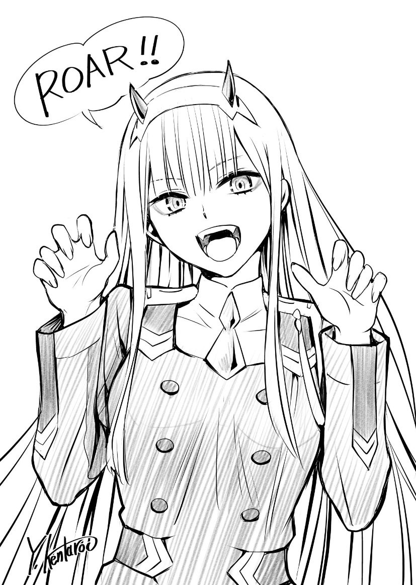 1girl artist_name breasts commentary_request darling_in_the_franxx english_text hair_ornament hairband horns long_hair looking_at_viewer medium_breasts military military_uniform monochrome official_art oni_horns open_mouth signature simple_background sketch solo speech_bubble standing uniform white_background yabuki_kentarou zero_two_(darling_in_the_franxx)