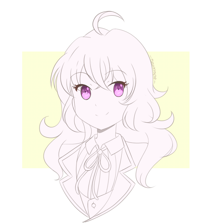 1girl ahoge bangs blonde_hair border chocomiru closed_mouth curly_hair long_hair looking_to_the_side ribbon rwby school_uniform sketch solo unfinished upper_body white_border yang_xiao_long yellow_background