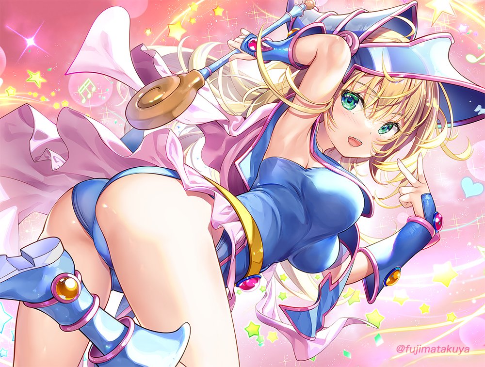 1girl arm_up armpits artist_name ass bangs blonde_hair blue_dress blue_footwear blush boots breasts capelet commentary_request dark_magician_girl dress duel_monster eyebrows_visible_through_hair fingernails fujima_takuya green_eyes hat heart highleg highleg_leotard holding knee_boots leg_up leotard long_hair looking_at_viewer looking_back medium_breasts musical_note open_mouth pink_capelet shiny shiny_skin short_dress signature simple_background skirt solo star_(symbol) thighs v vambraces wand wizard_hat yu-gi-oh! yu-gi-oh!_duel_monsters
