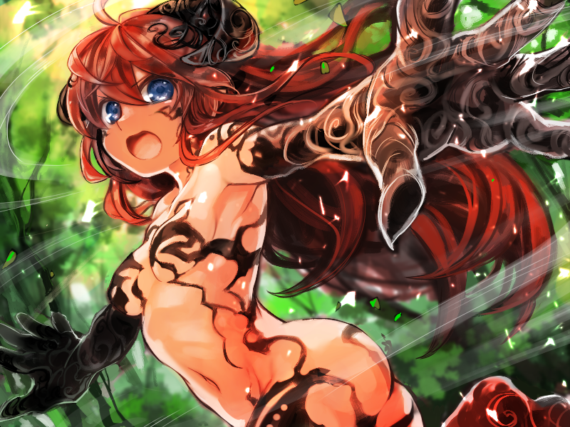 1girl animal_hands blue_eyes breasts claws forest green_background komota_(kanyou_shoujo) long_hair looking_at_viewer nature open_mouth original outdoors redhead revealing_clothes small_breasts solo