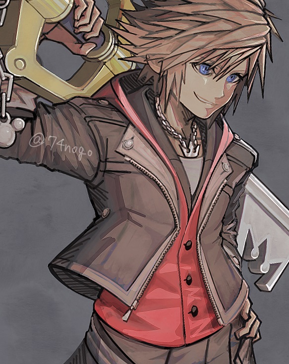 1boy 74nogo blue_eyes brown_background brown_hair brown_jacket hand_on_hip jacket jewelry keyblade kingdom_hearts looking_to_the_side male_focus necklace short_hair simple_background smile solo sora_(kingdom_hearts) spiky_hair teeth upper_body