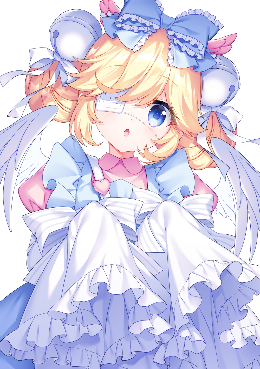 1girl :o apron bangs bell blonde_hair blue_apron blue_bow blue_eyes blush bow collared_dress commentary commission cutesu_(cutesuu) double_bun dress eyebrows_visible_through_hair eyepatch frilled_apron frilled_bow frills hair_bell hair_bow hair_ornament highres jingle_bell layered_sleeves long_sleeves looking_at_viewer medical_eyepatch original parted_lips pink_dress puffy_short_sleeves puffy_sleeves sakura_neko short_over_long_sleeves short_sleeves simple_background sleeves_past_fingers sleeves_past_wrists solo striped striped_bow symbol-only_commentary white_background white_bow white_sleeves