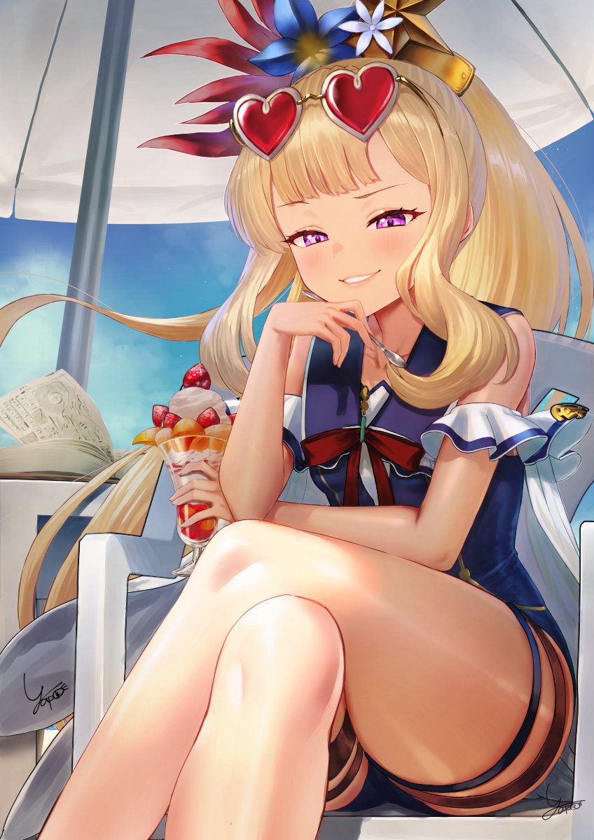 1girl artist_name beach_umbrella blonde_hair blue_swimsuit blush bow cagliostro_(granblue_fantasy) casual_one-piece_swimsuit chair collarbone commentary crossed_legs cup drinking_glass eyewear_on_head flower granblue_fantasy grin hair_flower hair_ornament half-closed_eyes hand_on_own_chin heart heart-shaped_eyewear highres holding holding_cup holding_spoon long_hair one-piece_swimsuit parfait ponytail red_bow red_ribbon ribbon sailor_collar signature sitting smile solo spoon sunglasses swimsuit thighs umbrella very_long_hair violet_eyes yapo_(croquis_side)