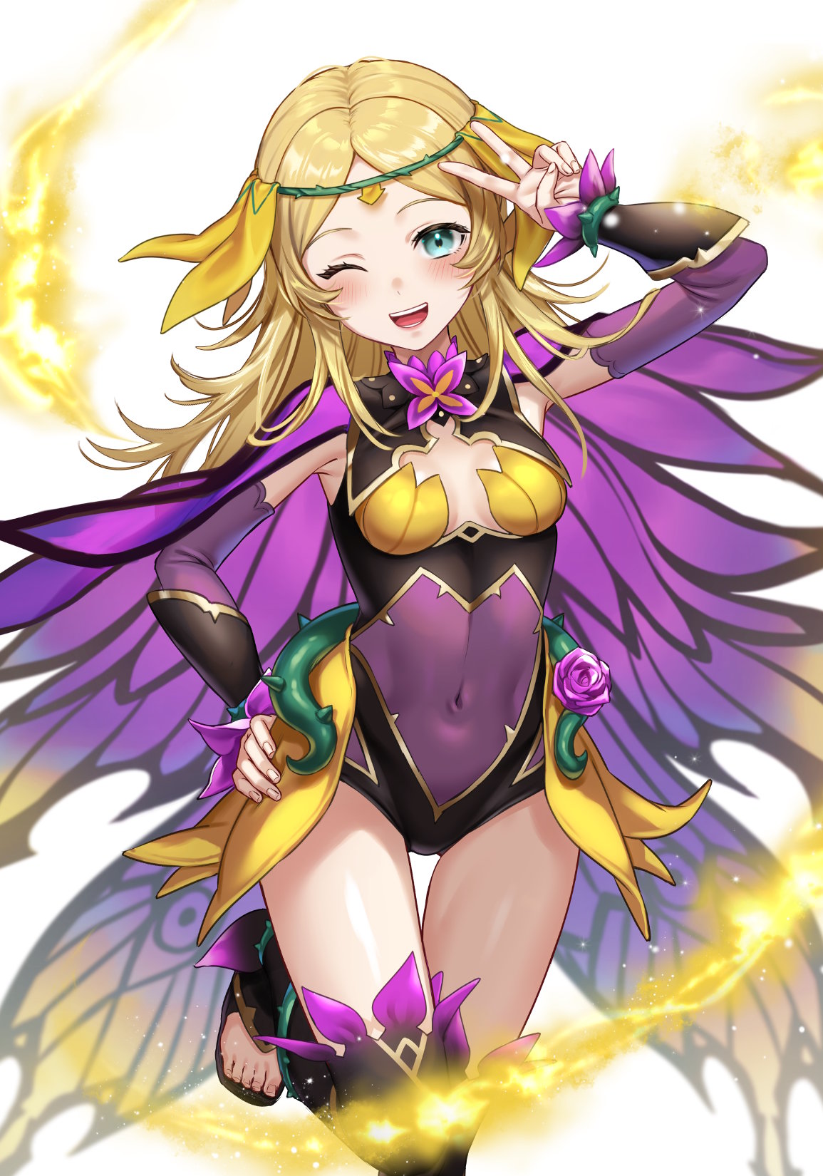 alternate_hairstyle armpits bangs blue_eyes breasts butterfly_wings cape circlet commission cosplay covered_navel darthmarth3 fire_emblem fire_emblem_heroes flower hair_down highres iria_(yumeirokingyo) lissa_(fire_emblem) long_hair looking_at_viewer midriff official_alternate_costume one_eye_closed open_mouth ophelia_(fire_emblem) ophelia_(fire_emblem)_(cosplay) pantyhose plant second-party_source skeb_commission small_breasts solo teeth thighs toeless_footwear upper_teeth v vines wings