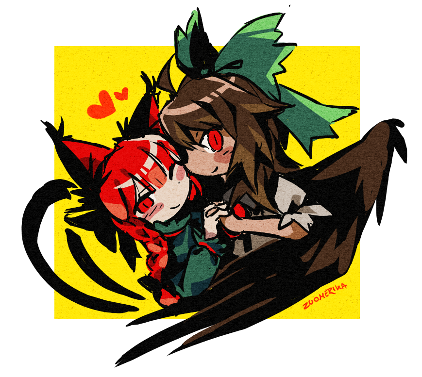 2girls animal_ears bangs bird_wings black_bow blouse blush border bow braid brown_hair brown_wings cat_ears cat_tail cheek-to-cheek closed_mouth collared_shirt dress frilled_dress frilled_sleeves frills green_bow green_dress hair_bow heads_together heart holding_hands hug interlocked_fingers juliet_sleeves kaenbyou_rin long_hair long_sleeves looking_at_viewer looking_to_the_side multiple_girls multiple_tails nekomata one_eye_closed puffy_short_sleeves puffy_sleeves red_eyes redhead reiuji_utsuho shirt short_sleeves smile symbol-only_commentary tail third_eye touhou twin_braids upper_body white_border white_shirt wings yellow_background zuomerika