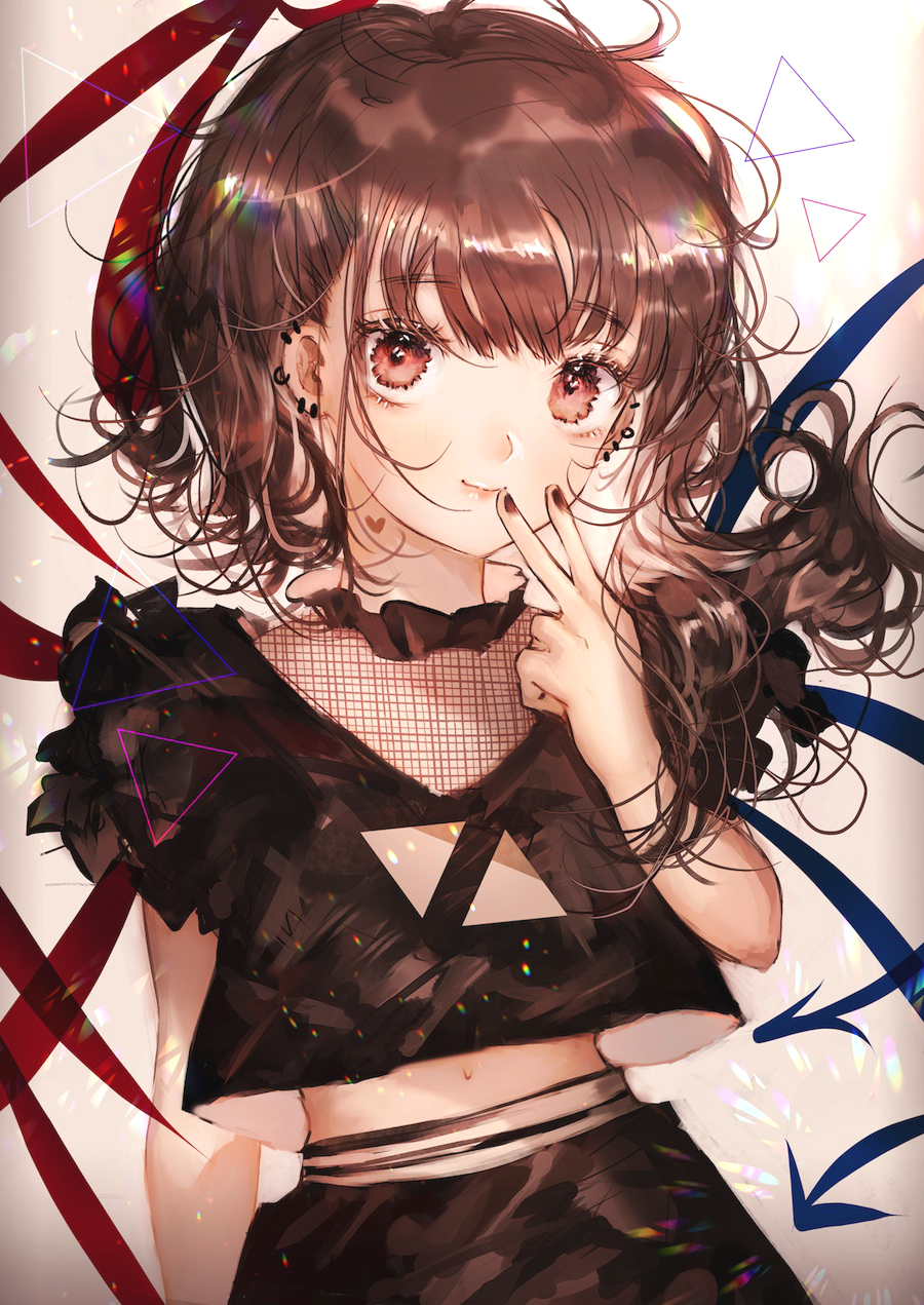 1girl asymmetrical_wings bangs black_hair black_nails black_shirt black_skirt blue_wings closed_mouth commentary cowboy_shot eyebrows_visible_through_hair finger_to_mouth fishnets hand_up head_tilt heart highres houjuu_nue looking_to_the_side majamari medium_hair messy_hair pointy_ears puffy_short_sleeves puffy_sleeves red_eyes red_wings shirt short_sleeves skirt smile solo touhou white_background wings