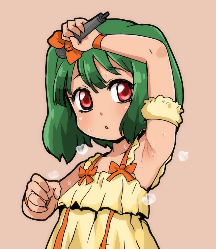 1girl armpits bare_shoulders blush bow dress green_hair hiru_made_ne-tarou looking_at_viewer macross macross_frontier microphone open_mouth ranka_lee red_eyes short_hair simple_background solo sweat
