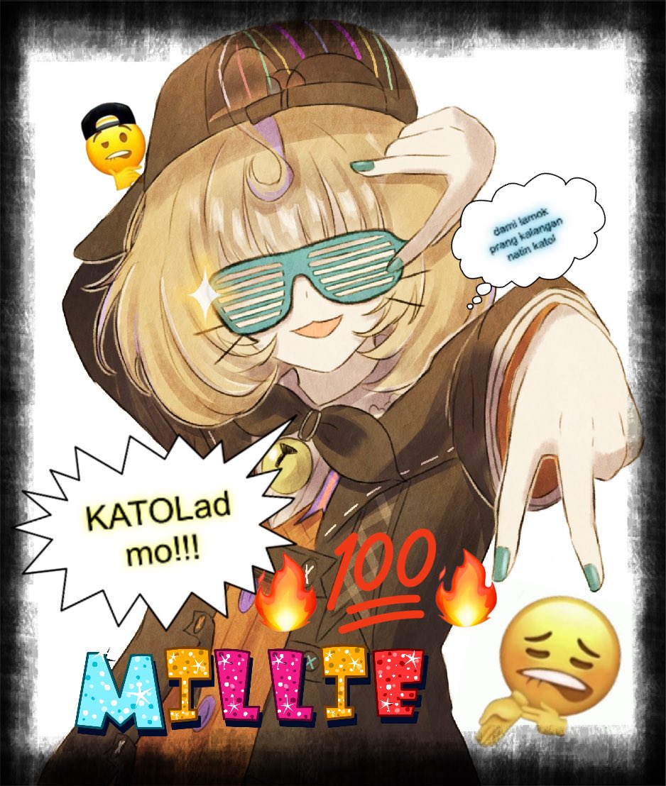 1girl bangs bell black_border black_jacket blonde_hair border character_name emoji fire gradient_hair green_nails head_tilt hip_hop jacket meme millie_parfait multicolored_hair nijisanji nijisanji_en orange_sweater purple_hair shutter_shades smile solo sparkle speech_bubble sweater tagalog_text thought_bubble translation_request upper_body v virtual_youtuber ysorialette