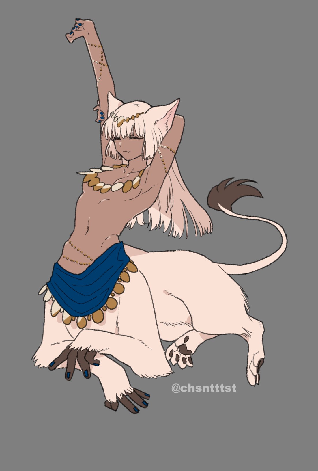 1girl :3 animal_ears arm_behind_head arm_up blue_nails cat_ears centauroid closed_eyes dark_skin full_body grey_background hair_ornament highres jewelry kizuta_(barometz) light_brown_hair lion_tail lying monster_girl necklace original sitting solo stretch tail taur