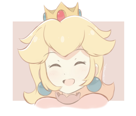 1girl artist_request bangs blonde_hair border chocomiru closed_eyes crown dress earrings eyebrows jewelry long_hair lowres open_mouth pink_dress princess_peach smile solo super_mario_bros. tiara upper_body white_border