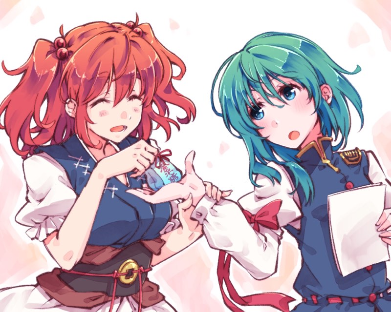 2girls :o asymmetrical_hair bangs blue_eyes blue_vest blush breasts closed_eyes coin_on_string collarbone commentary_request epaulettes fingernails flying_sweatdrops gift gold_trim green_hair hair_between_eyes hair_bobbles hair_ornament holding holding_another's_wrist holding_gift holding_paper kitsune_maru long_sleeves looking_at_another multiple_girls no_hat no_headwear onozuka_komachi open_mouth paper puffy_short_sleeves puffy_sleeves red_button red_eyes redhead sash shiki_eiki shiny shiny_hair shirt short_sleeves touhou two_side_up upper_body vest white_shirt
